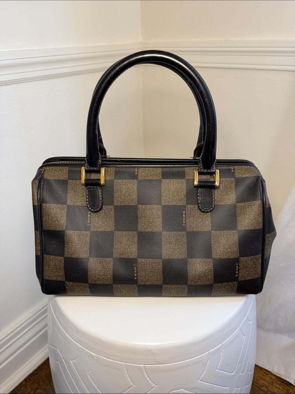Fendi Brown and Black Checker Boston Bag - Picture 4 of 10